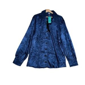 Vatpave Womens Satin Jacquard Shirt Blue Lace Up Top Sz 2X New Holiday Winter